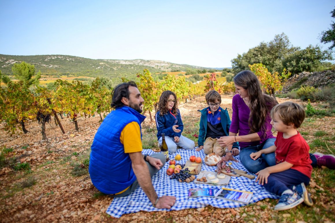 Famille qui pique-nique dans les vignobles de Montpeyroux
