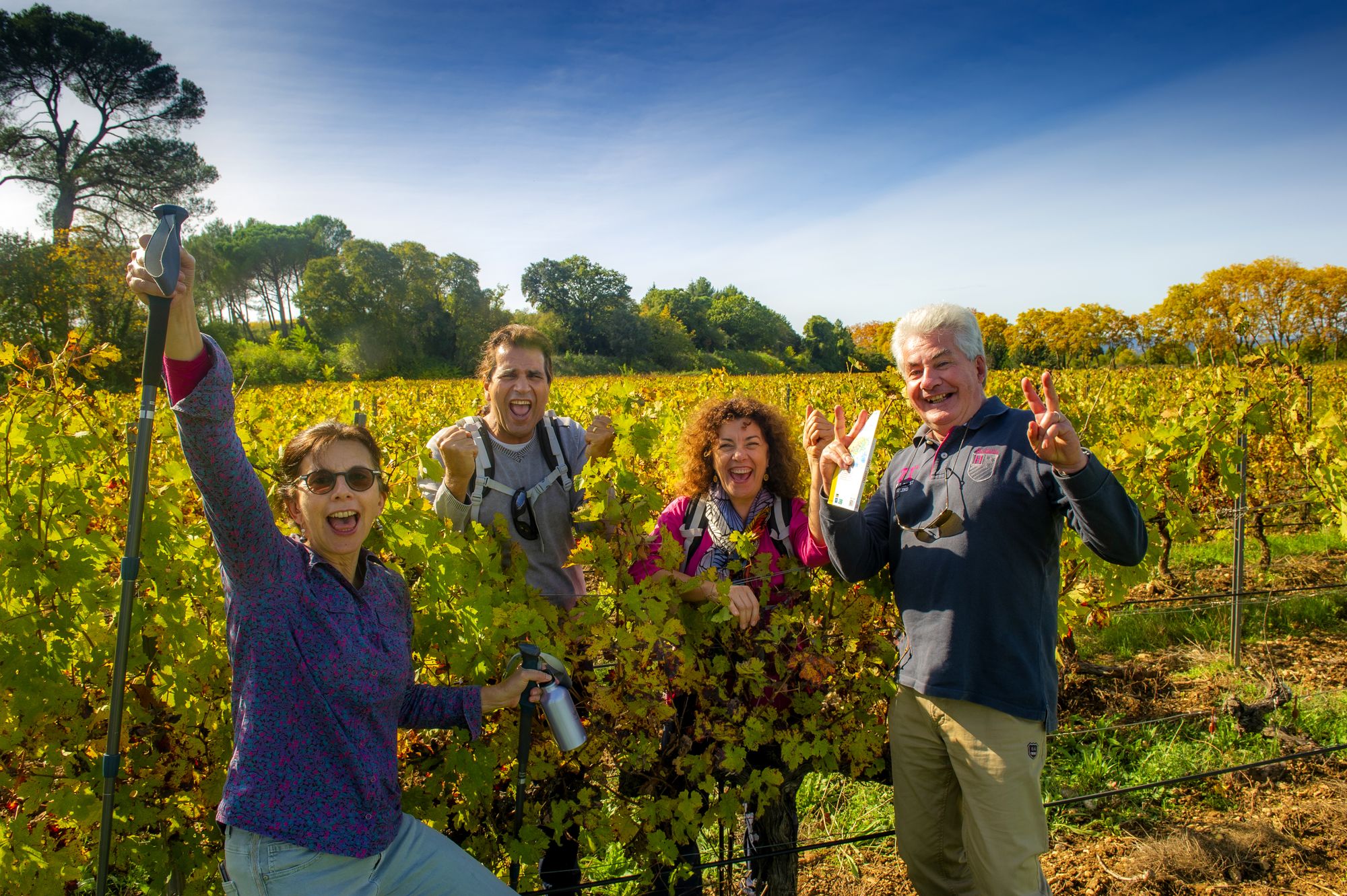 Un groupe d'amis de quincados et jeuniors qui sont en train de se balader au milieu de vignobles dans l'Hérault