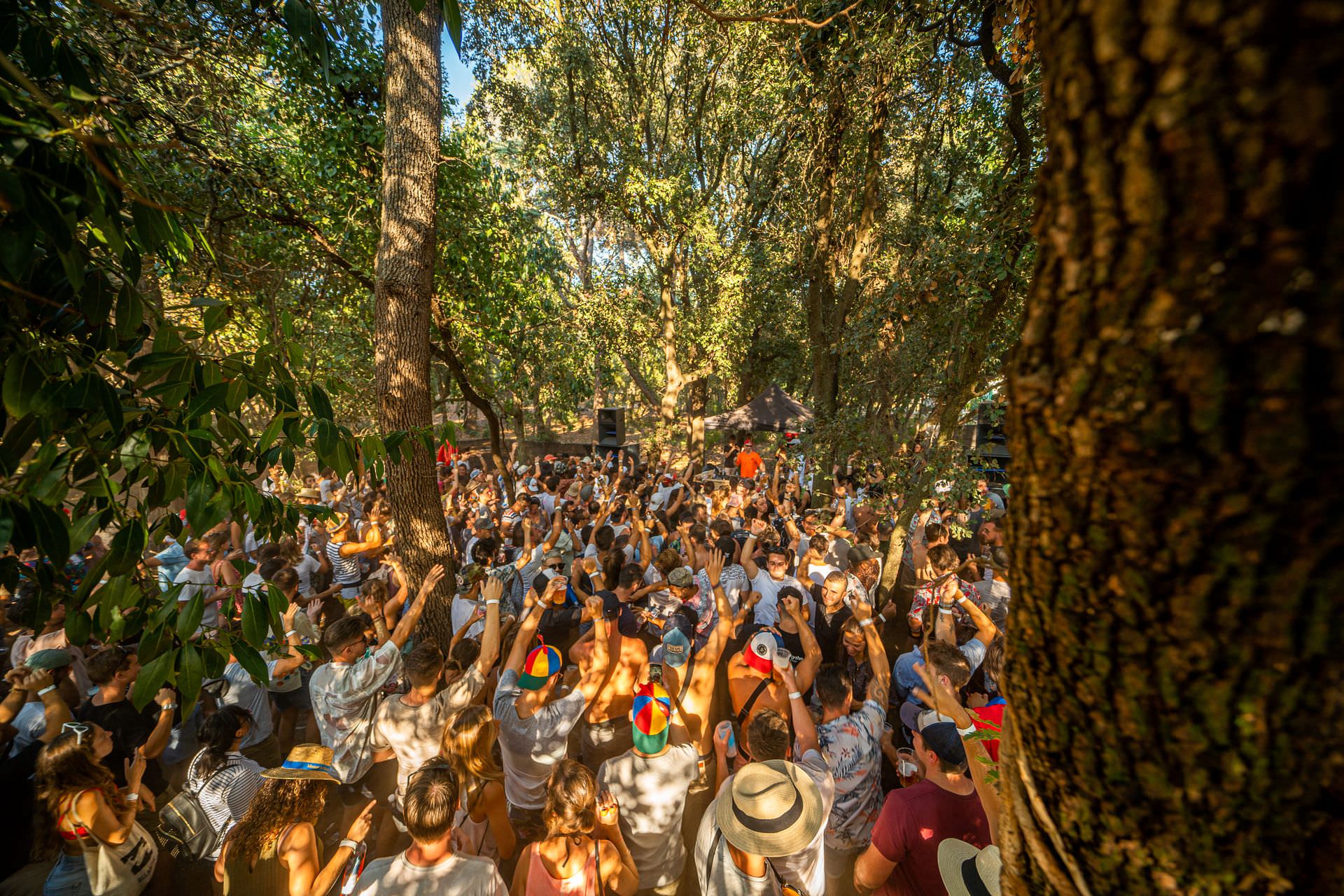 Festivaliers du Family Piknik en train de danser en journée au milieu des pins du Domaine de Grandmont à Montpellier