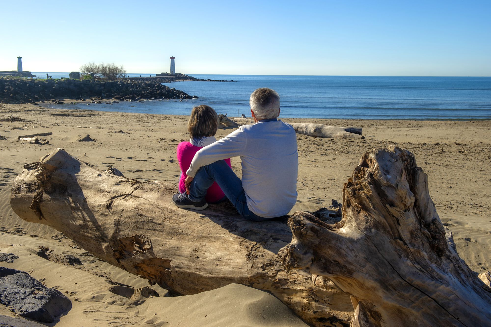 Couple assis sur un tronc d'arbre qui admire la Plage de La Tamarissiere