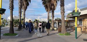 Un groupe de personnes en situation de handicap visuel et moteur se promène sur le port de Carnon