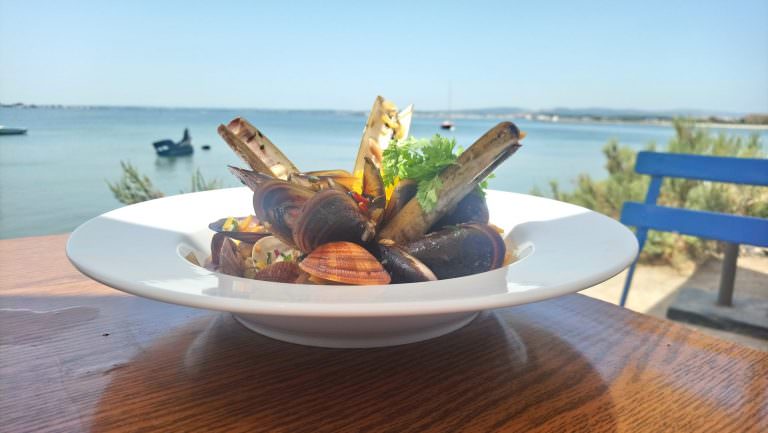 Plat de coquillage devant l'étang de Thau au restaurant Chez Lanchois à Sète