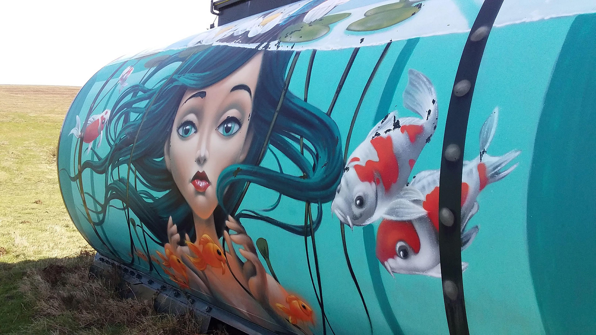 Citerne graffée avec une fille dans un milieu aquatique du parcours Cit'art de Ferrières les Montagnes