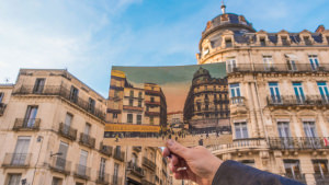 Vue sur le nouveau et l'ancien Montpellier depuis la llace de la Comédie à Montpellier