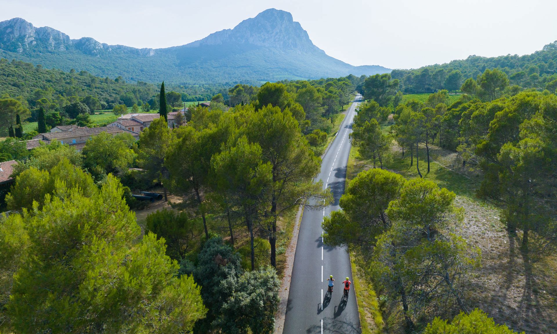 Un couple se balade à vélo sur la route entre Saint Mathieu de Tréviers et Saint Martin de Londres aux abords du domaine viticole Mas Bruguière