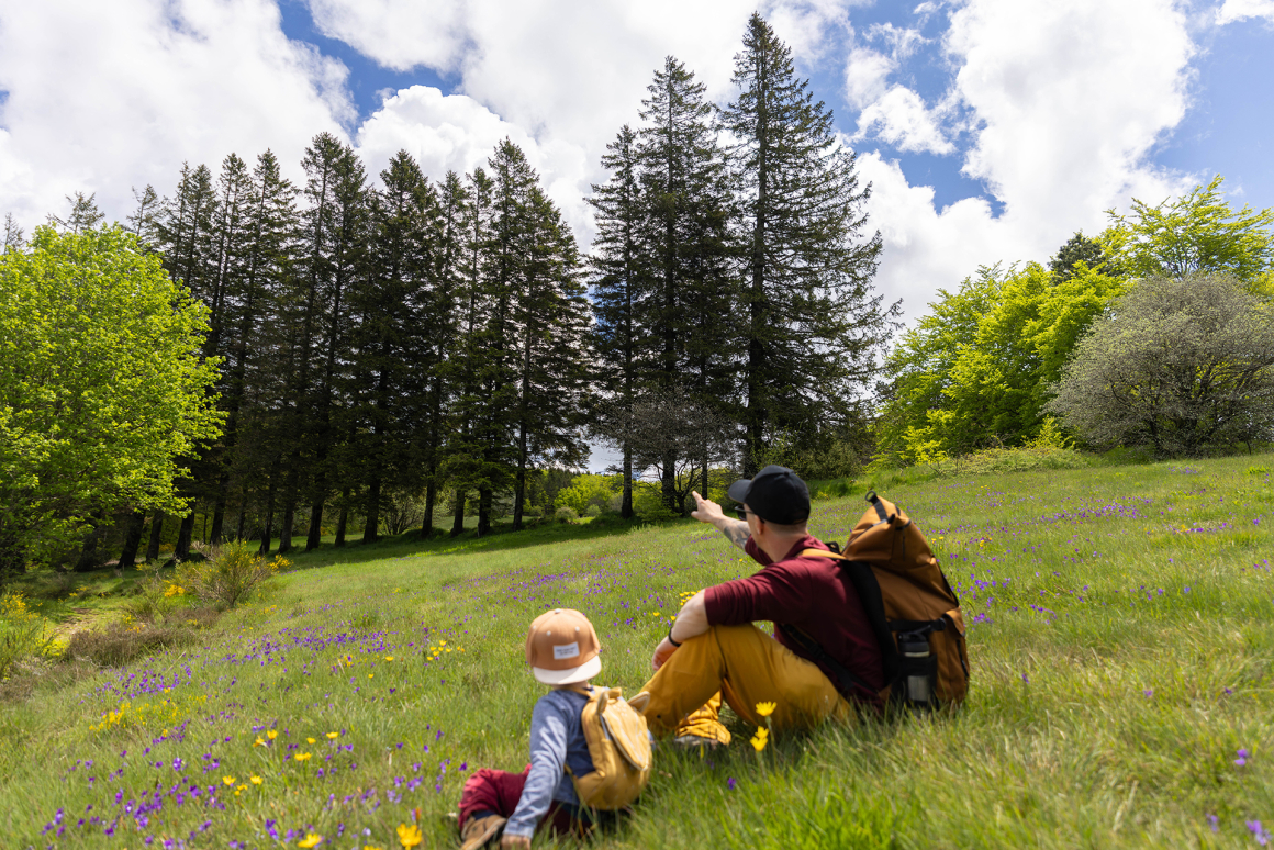 Un papa et son fils assis dans une prairie