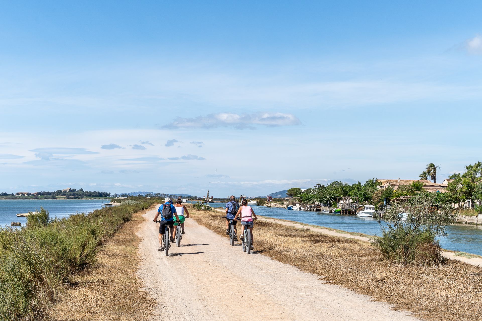 Groupe d'amis à vélo entre étang de l'Arnel et canal du Rhône à Sète, en direction de la presqu'île de Maguelone