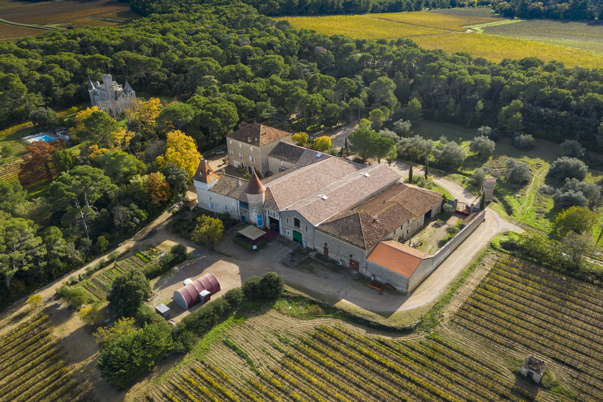 Vue aérienne sur les bâtiments du Domaine de Roueïre, Centre d'Arts et du Patrimoine à Quarante, ainsi que sur les vignes alentours