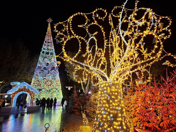 Décorations de Noël. Un grand sapin lumineux de couleurs bleu, vert, rouge, mauve avec en avant plan un arbre lumineux de couleur jaune oranger