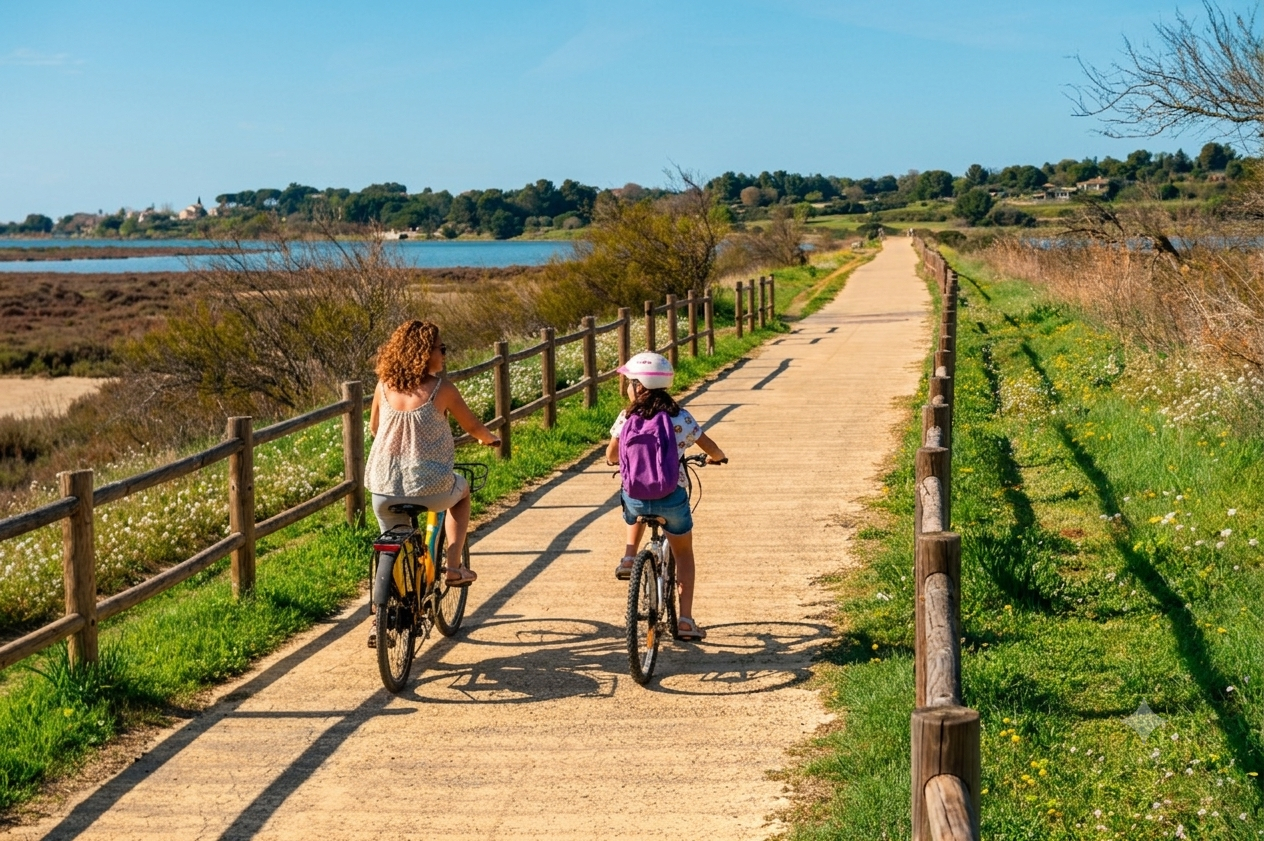 Une maman et sa fille à vélo sur la Voie verte entre Balaruc les bains et Bouzigues