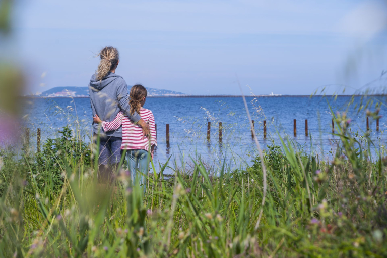 Promenade en famille au bord de l'étang de Thau face au Mont Saint Clair